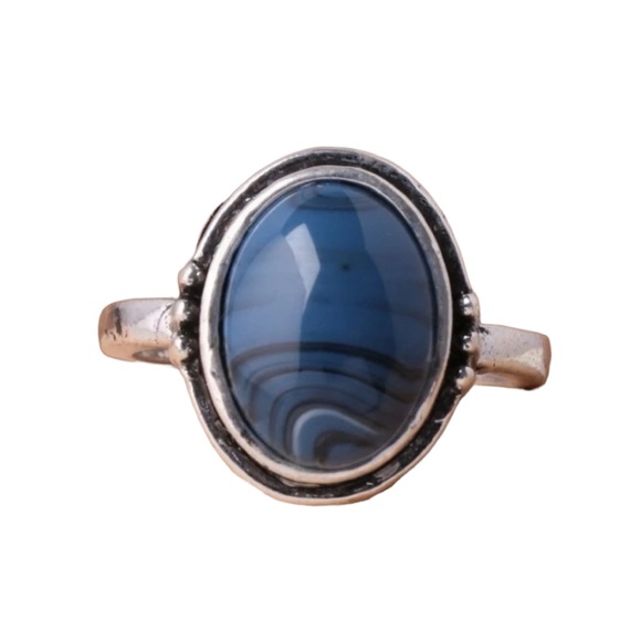 Antiqued Silver Ring with Blue Oval Stone - Picture 1 of 8